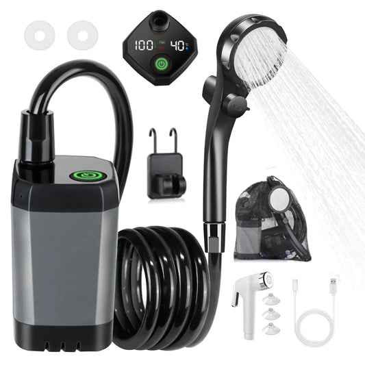 Upgrade Portable Camping Shower 6000mAh Rechargeable Electric Shower Pump with Intelligent Digital Waterproof Shower Pump with Handbag Filtered Shower Head for Camp Hiking Car Washing Pet Bath