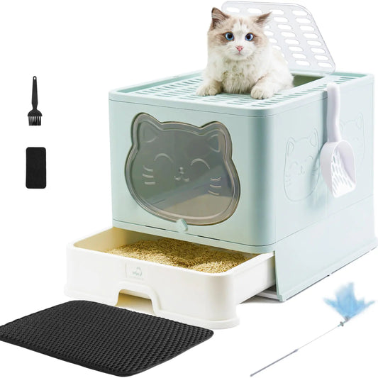 HelloMiao Fully Enclosed Cat Litter Box with Lid Foldable Extra Large Cat Toilet Drawer Type Cat Litter Tray with Plastic Scoop Suitable for Cats Under 17.6Ib(8kg)