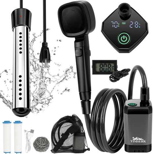 6000mAh Portable Shower for Camping with 2000W Immersion Water Heater – Rechargeable Camp Shower Pump 4-Mode Filtered Head LED Display Outdoor Camping Shower Kit for Travel Pets & Car Washing