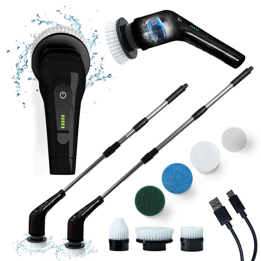 ClickAds Electric Cleaning Brush Black and White - Electric Spin Scrubber 8 Brush Heads Electric Scrubber for Cleaning 2 Speeds Cordless Electric Brush (Black)