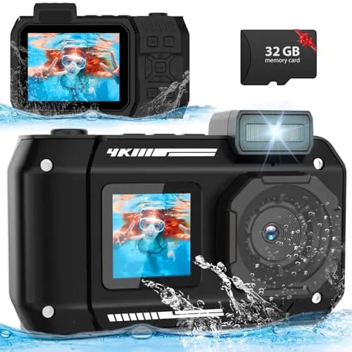 4K UHD 48MP Waterproof Camera 33FT Underwater Camera with 32G Card Rugged Dustproof Shockproof Autofocus Selfie Dual-Screen Digital Camera Underwater Photograph Camera for Snorkeling (Black)