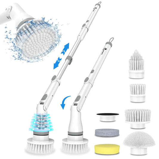 Leenpeker Electric Spin Scrubber Adjustable Cordless 450RPM Power Shower Cleaning Brush with 6 Brush Heads IP68 Waterproof Extension Handle for Bathroom Tub Kitchen Tile Floor Car
