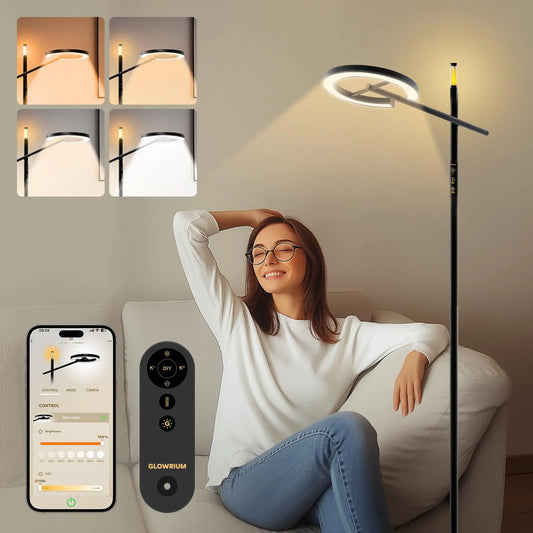 GLOWRIUM-H1 Smart Light Therapy Lamp 10000 Lux LED UV-Free Sun Light Lamp Full Spectrum Happy Natural Light Mood Lamp Modern Sunlight Floor Lamp with App and Remote Control Sleep Aid and Wake Up