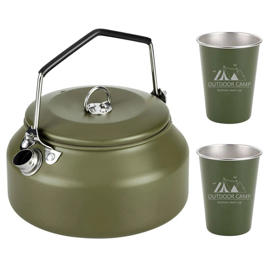 3PCS Camping Kettle Outdoor Campfire Camp Kettle Set with 2 Cups 1L Stainless Steel camping tea kettle Coffee Pot Portable Lightweight Teapot Ideal for Hiking Picnic Travel Green