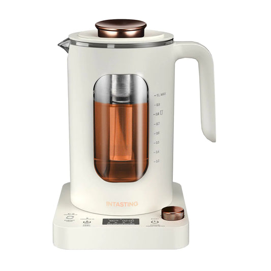Electric Tea Kettle INTASTING Glass Electric Kettle with tea Infuser and Precise knob temperature control 1200W Fast Heating BPA-Free Easy to Clean for Tea and coffee (White)