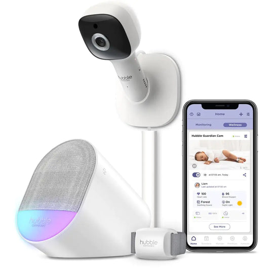 Hubble Connected Award-Winning Guardian Cam Smart Wi-Fi Enabled Baby Movement Wearable Monitor for heart-rate and breathing supervision featuring HD baby camera with 7-color night-light
