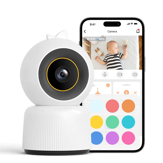 Cheego Orange 1296p HD Smart Baby Monitor with Camera and Audio 2-Way Talk Lullabies Night Vision Humidity & Temp Multicolor Night Lamp Includes SD Card Free A.I. App Secure Wi-Fi Video Camera